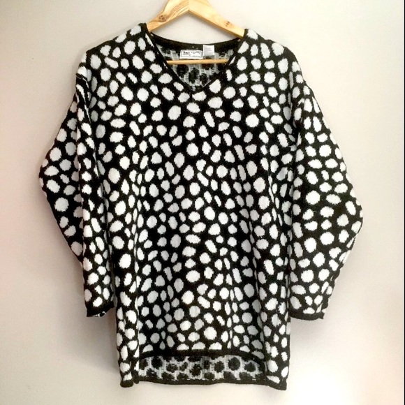 Maglia Donna Sweaters - VTG ITALIAN ANGORA Black & White Angora Rabbit & Wool Vintage V-neck Sweater